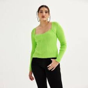 INTEMPO Ribbed Knit Sweater XXL Green Sweetheart Neck Casual Modern Chic